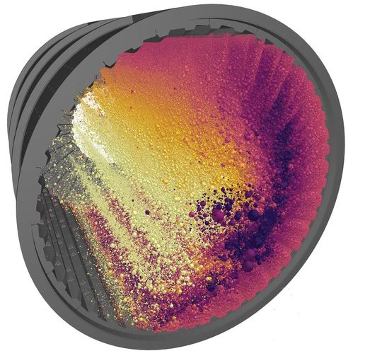 The Discrete Element Method (DEM) can model the liquid and solid properties of granular material flow.(Image: Altair)