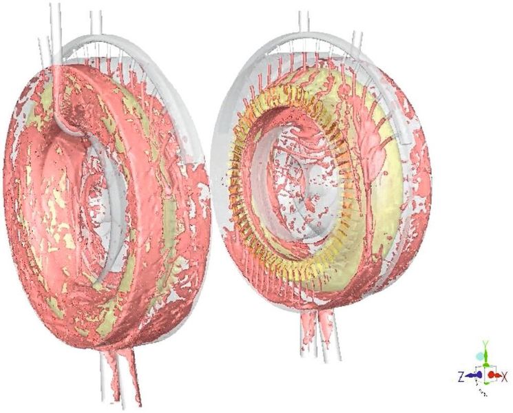 Bild 3: ANSYS Fluent – Mehrphasensimulation der instationären Öl-Kühlung mit der Volume-of-Fluid-Methode. (ANSYS/Courtesy Lucid Motors)