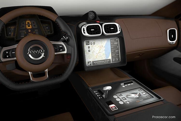 Die Visualisierung des Cockpits zeigt die Zentrale eines Sportwagens: Übersichtliche Anzeigen und die notwendigsten Bedienelemente. (Protoscar)