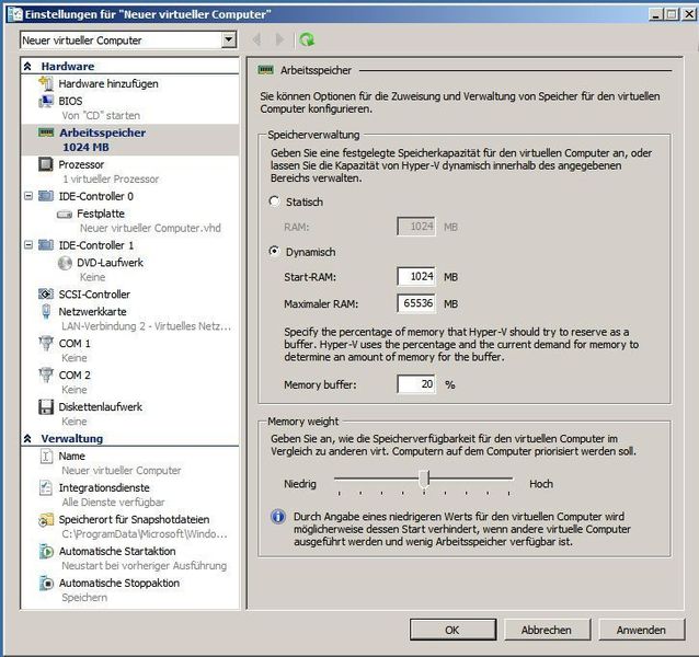 Abbildung 2: Auch der Hyper-V unterstützt mittlerweile die Mehrfachzuweisung des Speichers (Quelle: Baumeister) (Archiv: Vogel Business Media)