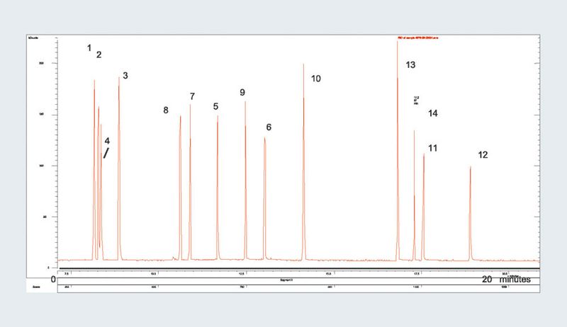 Abb.4: GC/MS von ausgewählten Verbindungen („Base/Neutrals“)
Peakidentifizierung: 1 1,3 Dichlorbenzol, 2 1,4-Dichlorbenzol, 3 1,2-Dichlorbenzol, 4 Hexachlorethan, 5 Nitrobenzol, 6 Isophoron, 7 1,2,4-Trichlorbenzol, 8 Hexachlorbutadien, 9 Hexachlorcyclopentadien, 10 2-Chlornaphthalin, 11 2,6-Dinitrotoluol, 12 2,4- Dinitrotoluol, 13 Azobenzol, 14 Hexachlorbenzol, (Chromatographiebedingungen: GC-Säule: VF-200ms Fused Silica 30 m x 0.25 mm, df= 0.25 µm (CP8858); Temperatur: 45 °C, 3 min und 10 °C/min 325 °C; Trägergas: He, ca. 1,0 mL/min, 60 kPa; Injektor: Split/Splitless, 1:100; Detektor: MS Saturn 2000; Probenvolumen: 1 µL; Konzentration: ca. 100 µg/mL je Verbindung (Lösemittel: Dichlormethan)). (Archiv: Vogel Business Media)