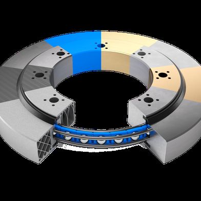 Possible materials for the housings of wire race bearings (from left clockwise): 3D-printed structure, carbon, steel, plastic, brass, aluminum, bronze, stainless steel (Source: Franke)