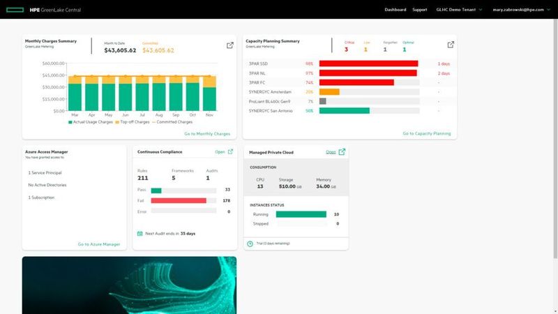 Das Dashboard von Greenlake Central verschafft dem CIO eines Unternehmens einen kompakten Überblick über die komplette Hybrid-IT-Infrastuktur. (HPE)