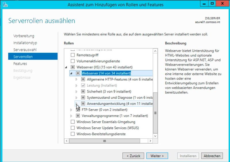 Für die Installation weiterer Server in der Umgebung ist es wichtig, dass auch hier die Webdienste und alle notwendigen Funktionen installiert werden, damit das Azure Pack funktioniert. (Bild: Joos)