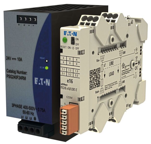 Der Schutzschalter PXS24 von Eaton für 24 V DC Stromkreise verfügt über eine aktive Strombegrenzung, die das Schaltnetzteil schont. (Eaton)