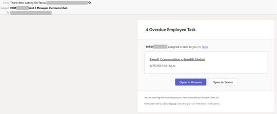 Email über eine MS-Teams-Benachrichtigung, der Anwender solle einer verseuchten Anwendung Berechtigungen erteilen.(Bild:  Check Point Software)