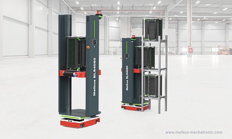 Das Kompakt-AGV Melkus Rack Stacker BLS4060 kann Lasten in Höhen von 320 bis 1800 Millimeter automatisiert entnehmen oder absetzen. (Bild: Melkus Mechatronic)