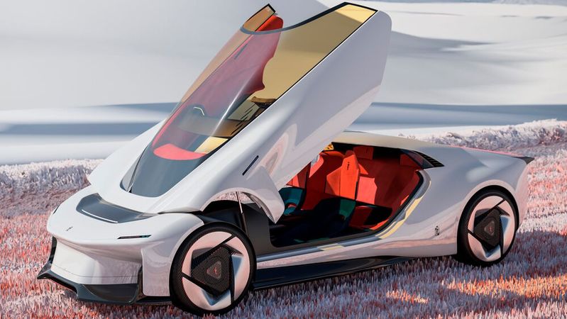 Das Konzeptauto Pininfarina Enigma GT hat einen hybriden Antrieb aus Wasserstoffverbrenner und E-Motor.(Bild:  Pininfarina)