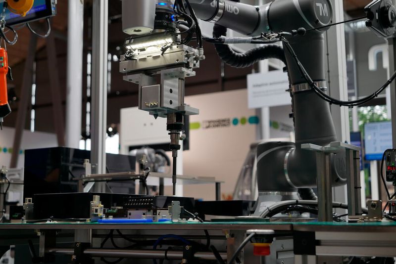 Omron hat auf der Messe eine Fertigungslinie mit Cobot aufgebaut. Der Roboter überprüft dabei das zuvor vom menschlichen Mitarbeiter verschraubte Asset und erkennt, wenn zum Beispiel eine Schraube fehlt. Statt Alarm zu schlagen und auf einen Mitarbeiter zu warten, kann der Cobot selbst zum Schraubendreher greifen und die fehlende Schraube verschrauben.  (Bild: Sandro Kipar)