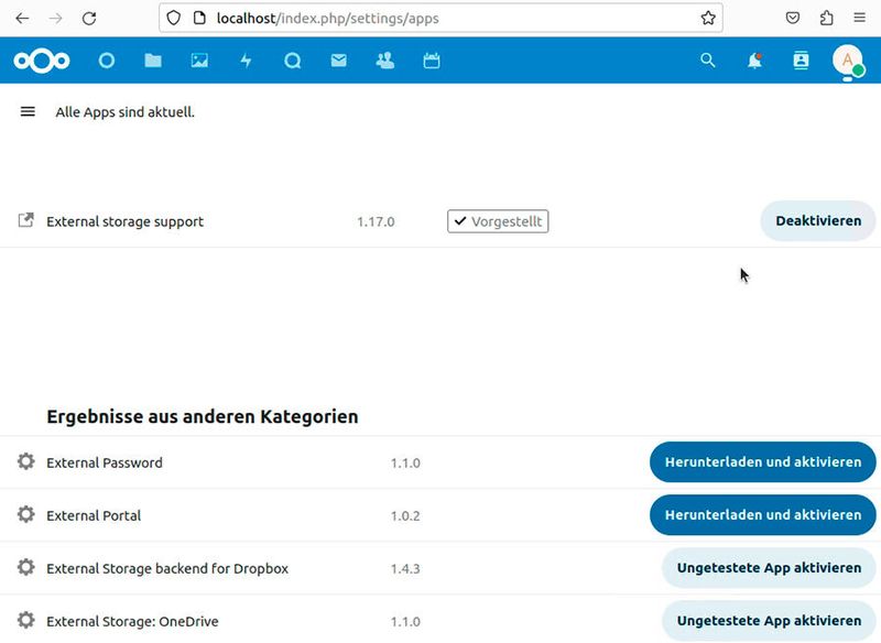 Aktivieren des Supports für externen Speicher in Nextcloud für das Speichern von Sicherungen. (Bild: Joos - Nextcloud)
