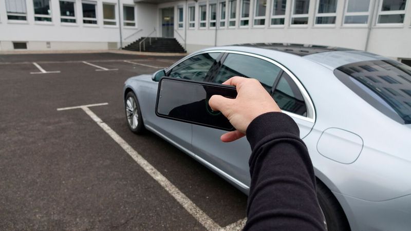 Die wahrscheinlich verrückteste Funktion der neuen S-Klasse: Zum Einparken muss man nicht mal mehr selbst im Auto sein. Lediglich den Fahrbefehl gibt man mit Druck auf das Display und gekipptem Handy, den Rest erledigt die S-Klasse von allein. Auch wenn das hier sehr statisch aussieht – der Daimler hat sich tatsächlich autonom bewegt. (Bild: Schreiner – VCG)