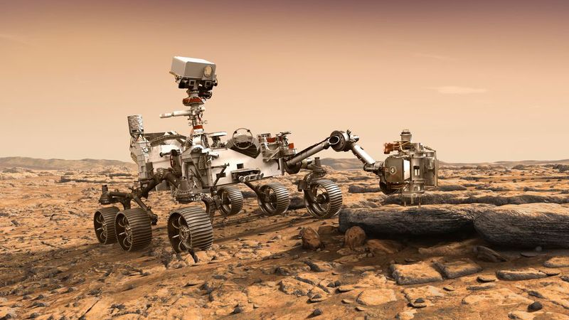 Der mit  7 wissenschaftlichen Instrumenten, 2 Mikrofonen, 23 Kameras, einem Laser und einer kleinen Flugdrohne ausgestattete Rover soll unter anderem nach Spuren von früheren Leben auf dem roten Planeten suchen. (Bild:  NASA/JPL-Caltech)