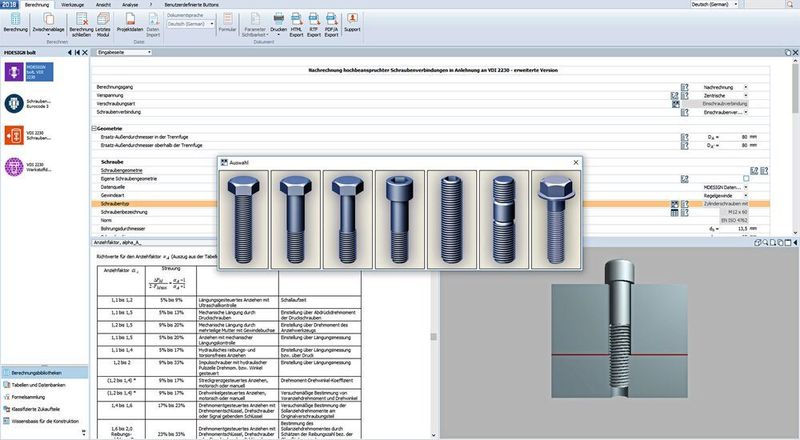MDesign bolt führt den Konstrukteur durch die sichere Berechnung einer Schraubenverbindung nach VDI 2230. (MDesign)