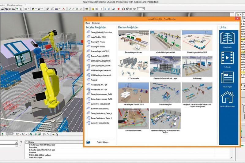 Produktion und Logistik virtuell planen: Die aktualisierte Software taraVRbuilder 2018 vereinfacht das Anlegen realistischer, detaillierter 3D-Szenarien, die mit einem Blick in die 3D-Brille analysiert werden können.  (tarakos GmbH)
