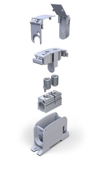 Einblick in eine Einfachblock-Reihenklemme mit 95 mm² Querschnitt und Zubehör. (Leipold Gruppe)