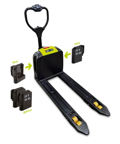 Der Clark-Niederhubwagen Lwio15 verfügt serienmäßig über eine 24-Volt-Batterie mit 20 Amperestunden sowie über ein Ablagefach, in welchem optional eine zweite Batterie untergebracht werden kann. (Bild: Clark Europe)