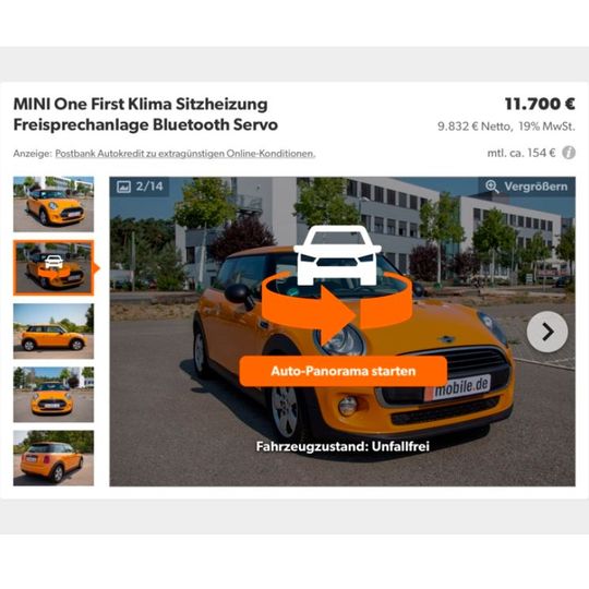 Fahrzeuge rundum von außen und innen betrachten: Mobile.de gibt Händlern jetzt die Möglichkeit, dass Kaufinteressenten sich auch auf diese Weise ein Bild von angebotenen Fahrzeugen machen lassen können.(Bild:  Mobile.de/VCG)