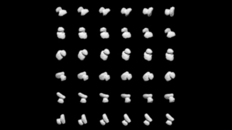 Diese 36 Einzelbilder wurden von der Osiris-Kamera auf der Rosetta-Sonde am 14. Juli 2014 im Abstand von 20 min aufgenommen. Die Bilder sind bearbeitet, um die noch pixelige Ansicht zu glätten. Dennoch gaben die Aufnahmen einen ersten Eindruck, was die Sonde Rosetta und den Lander Philae an ihrem Ziel erwartete. (Bild: ESA)