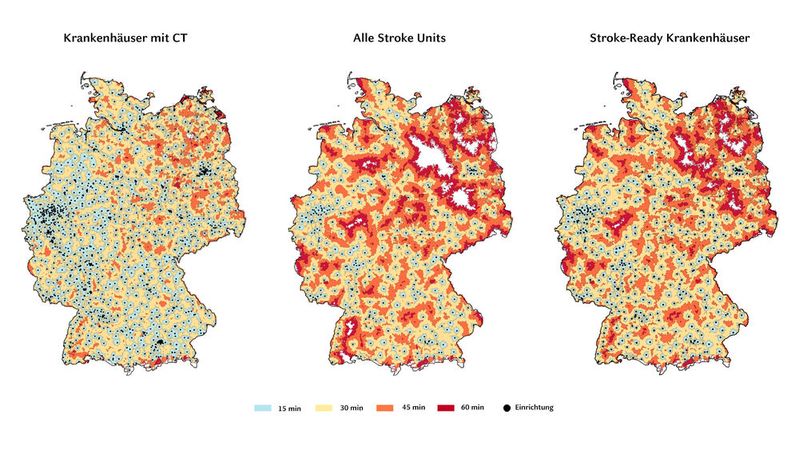 In der Studie wurden die Fahrzeiten zu verschiedenen Schlaganfallstrukturen modelliert: Ein  Krankenhaus mit CT ist vor allem in ländlichen Regionen deutlich schneller zu erreichen als eine Stroke Unit. (Bild:   © HHU / Berit Meisenkothen)