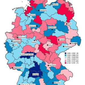 Psychologische Deutschlandkarte zum Merkmal Neurotizismus (rote Werte: hoch, blaue Werte: niedrig).