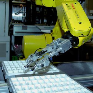 Bild 2: Das umspritzte Hörgeräteteil legt der Roboter in Blister ab. Bild: Fanuc Robotics