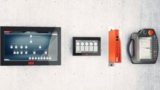 Die neuen Komponenten aus dem Movi-C-Visualisierungsportfolio bieten viel Flexibilität für Anzeige und Bedienung für Maschinen (v.l.n.r.): Operator Terminal OPT11D, Web Operator Panel WOP11D, Movi-C Controller standard UHX65A, Handheld-Terminal DOP21C-T70. (Bild: SEW)