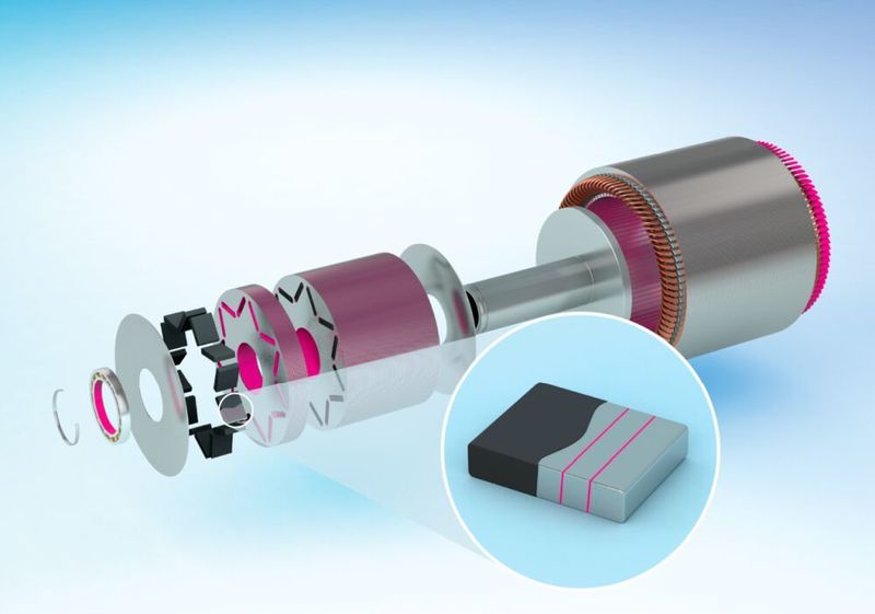 Explosionszeichnung eines Elektromotors im Auto. Der Klebstoff ist zur Illustration magenta eingefärbt. (Delo)