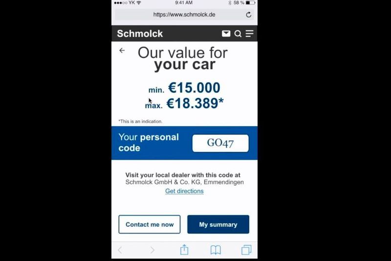 Der Inzahlungnahmepreis bewegt sich in einem Preiskorridor und wird mit einem persönlichen Code für die weitere Kommunikation mit dem Autohaus angezeigt. (SalesCre8)