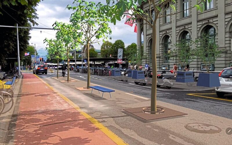 Hier kann virtuell bereits in der geplanten zweiten Baumreihe an der Bahnhofstrasse flaniert werden. (Hochschule Luzern)