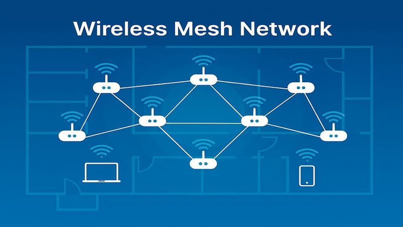 In einem Wireless Mesh Network sorgen die untereinander über mehrere Verbindungen drahtlos vernetzten Funkknoten für eine lückenlose Netzabdeckung.(Bild:  Copilot / KI-generiert)