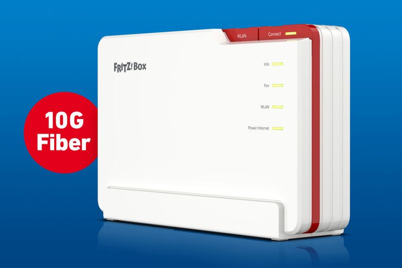 Die Fritzbox 5690 XGS hat nur ein Glasfaser-Modem, jedoch bis 10 GBit/s. Sie funkt kein 6 GHz, nennt sich aber trotzdem Wi-Fi-7. (Bild: © AVM GmbH)