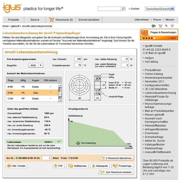 Ebenfalls neu ist der Online-Lebensdauerrechner für Xiros-Polymerkugellager. Unter www.igus.de/xiros-life geht’s direkt ins Programm. Dort können Konstrukteure eine Baugröße wählen und die Drehzahl und Belastungen ihrer Anwendung eingeben (Archiv: Vogel Business Media)