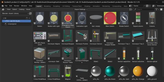 Bild 3: Simulation eines Fertigungsprozesses in PLC-Lab 3D Studio: Im gezeigten Beispiel wird in einer virtuellen Anlage die Herstellung eines zweiteiligen Produkts simuliert. Die Software bildet den Materialfluss und die Interaktion zwischen mechanischen Komponenten und der virtuellen SPS realitätsnah ab. (Bild:  MHJ-Software)