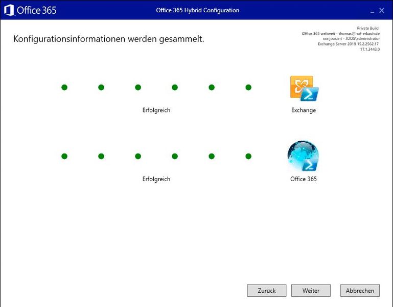 Der Assistent sammelt die Konfigurationsdaten aus der lokalen Exchange-Organisation und aus Office 365 und meldet beide Verbindungen als erfolgreich. (Bild: Joos - Microsoft)