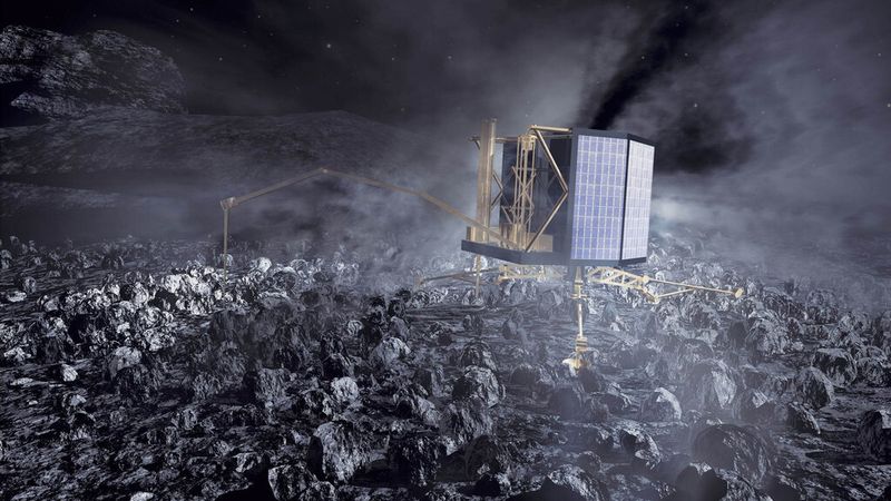 Jetzt hat das Landegerät Philae an Bord der europäischen Sonde Rosetta den Kometen Churyumov-Gerasimenko erreicht. Die erste Landung auf einem Kometen hat das Ziel, mehr über die Entstehung unseres Sonnensystems zu erfahren. (Bild: ESA/AOES Medialab)