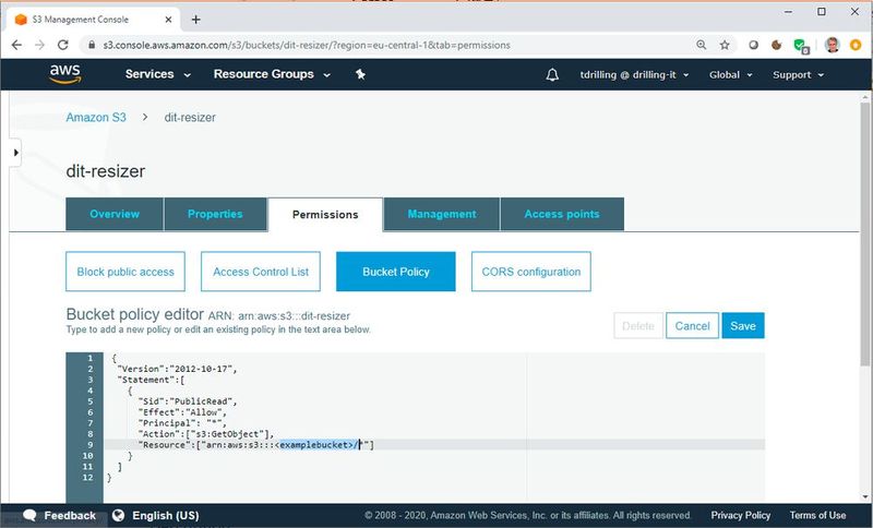 Über den Tab „Permissions“ richten wir eine Bucket-Policy für den anonymen Zugriff ein, eine entsprechende Vorlage findet sich bei AWS.