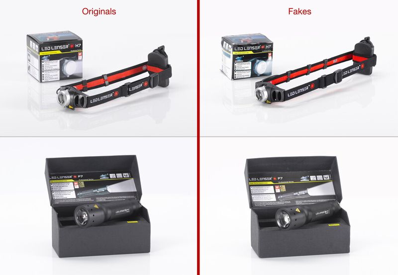 Der Sonderpreis für Fälschungen ging an die LED-Taschenlampe “LED Lenser P7” und LED-Stirnlampe “LED Lenser H7“. Links die Originale der Zweibrüder Optoelectronics GmbH & Co. KG, Solingen, Deutschland; rechts die Fälschungen des Hersteller JRS Technology Co., Ltd., Guangdong, VR China, vertrieben durch mehrere deutsche Händler, die haben strafbewehrte Unterlassungserklärungen unterschrieben und die Fälschungen vom Markt genommen haben. (Bild: Aktion Plagiarius e.V.)