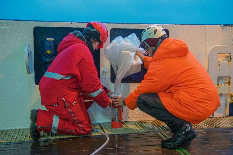 Probennahme aus dem geschleppten Netz vom Einsatz des Katamarans von Bord der Polarstern, um Plastik im Arktischen Ozean zu analysieren. (Bild: Alfred-Wegener-Institut / Esther Horvath)