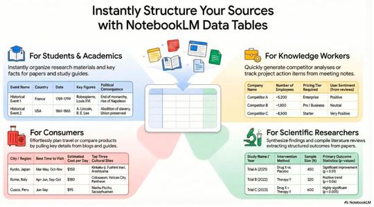 Automatisierte Strukturierung heterogener Quellen durch Data Tables in NotebookLM mit tabellarischer Aufbereitung.(Bild:  Google Labs)