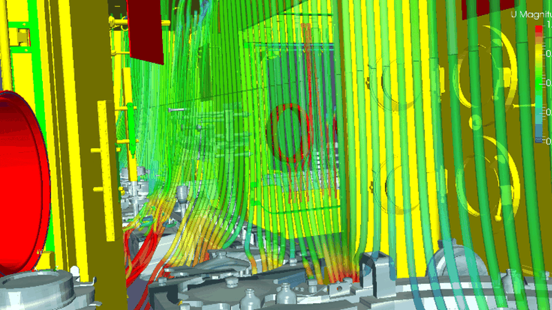 Die Visualisierung zeigt Strömungslinien im Isolator, deren rechenintensive Analyse durch den Einsatz von KI drastisch beschleunigt und ressourcenschonender wird.(Bild:  Syntegon)