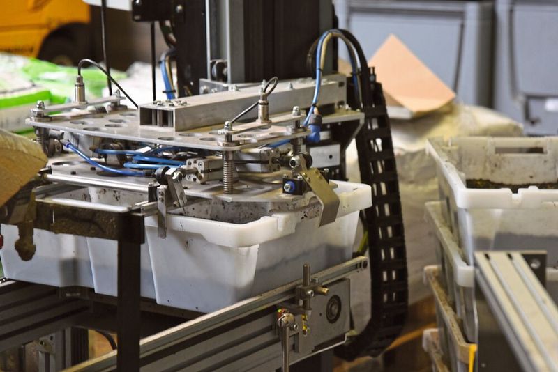 ... und ein Greifer stellt sie auf das Förderband. (Stefanie Michel)