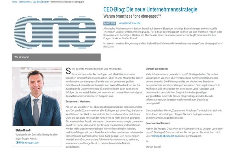 Im sechs-wöchigem Rhythmus steht Geschäftsführer Stefan Brandl für aktuelle Themen und Fragen der Mitarbeiter im CEO-Blog zur Verfügung.  (ebm-papst)