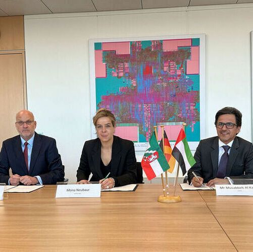 The agreement was signed in Dusseldorf, Germany, by Her Excellency, Mona Neubaur, Deputy Prime Minister of North Rhine-Westphalia and State Minister for Economics, Industry, Climate Protection and Energy; Musabbeh Al Kaabi, Executive Director, Low Carbon Solutions and International Growth Directorate at Adnoc and Frank Hyldmar, CEO of Currenta.