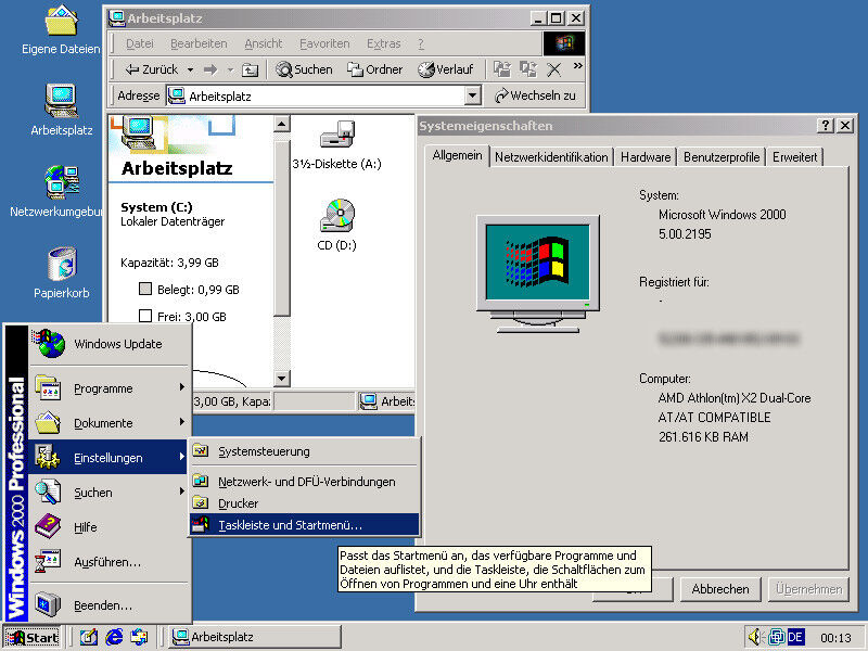Windows 2000 konnte mit zahlreichen aus der Windows 9X-Familie übernommene Komfortfuntkionen, einer umfassenden Unterstützung verschiedener Geräteschnittstellen und  hoher Stabilität überzeugen. (Bild: Screenshot/Microsoft)