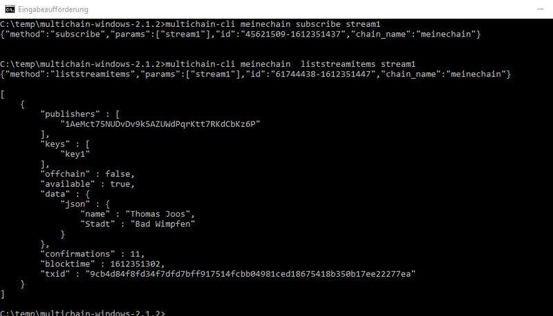 Streams in der eigenen Blockchain erstellen und auf den anderen Knoten zugreifbar machen. (Bild: Joos)