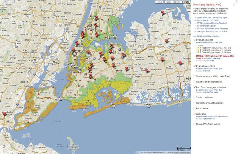 Die Google Crisis Map zu Sandy in verschiedenen Maßstabsansichten (Screenshot: Google Maps)