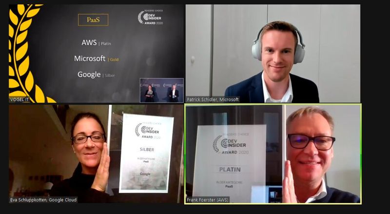 Nicht fehlen darf bei den IT-Awards die Kategorie „Platform as a Service“, hier teilten sich die Vertreter dreier etablierter Anbieter den Bildschirm: Frank Förster von AWS (Platin), Patrick Schidler von Microsoft (Gold) und Eva Schluppkotten von Google (Silber). (Bild: Vogel IT-Medien)