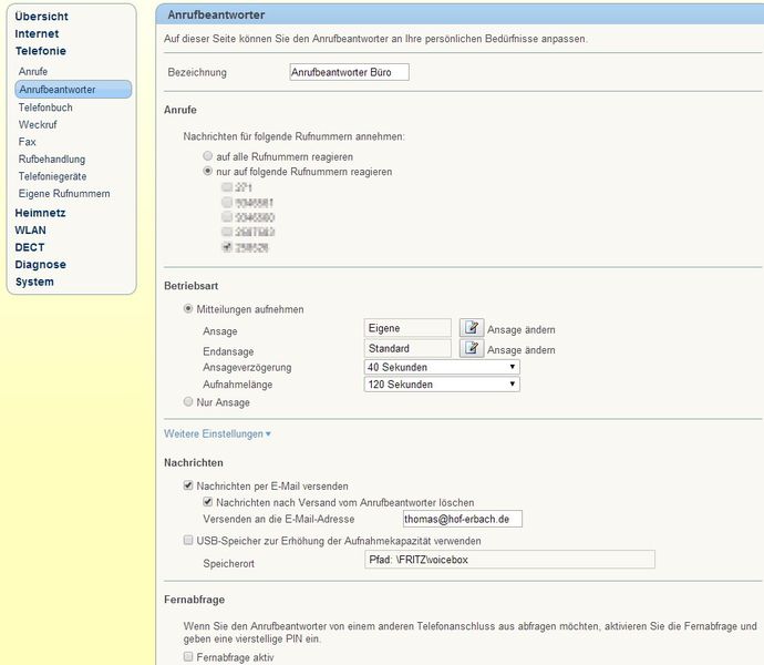 Abbildung 7: Es lassen sich mehrere Anrufbeantworter erstellen, die auf verschiedene Nummern reagieren. Die gespeicherten Gespräche lassen sich auch per E-Mail versenden. Für jeden Anrufbeantworter lassen sich eigene Ansagen definieren. Auch Fernabfragen sind möglich. (Bild: Joos)