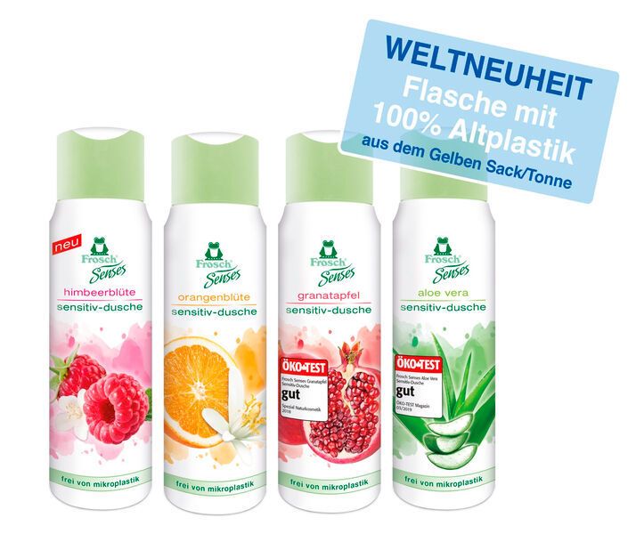 Kategorie „Neues Material“: Die mit Systalen hergestellte Duschgelflasche ist die erste Anwendung, die 100 Prozent HDPE Post Consumer Recyclate (PCR) aus dem Gelben Sack in einer Kosmetikverpackung verwendet. Für die Umstellung auf 100 Prozent Rezyklat aus dem Gelben Sack musste das Material technisch geeignet, geruchsneutral und gesundheitlich unbedenklich sein, wobei insbesondere der Faktor Geruch bei Duschgelen für die Verbraucher eine große Rolle spielt. Um dies zu erreichen, kommt eine Technologie zum Einsatz, die durch einen thermisch-physikalischen Prozess diese Gerüche aus den Polyolefinen entfernt.  (DVI/Der Grüne Punkt – Duales System Deutschland GmbH)
