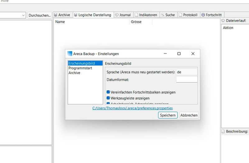 Anpassen der Optionen von Areca Backup. (Bild: Joos (Screenshot))